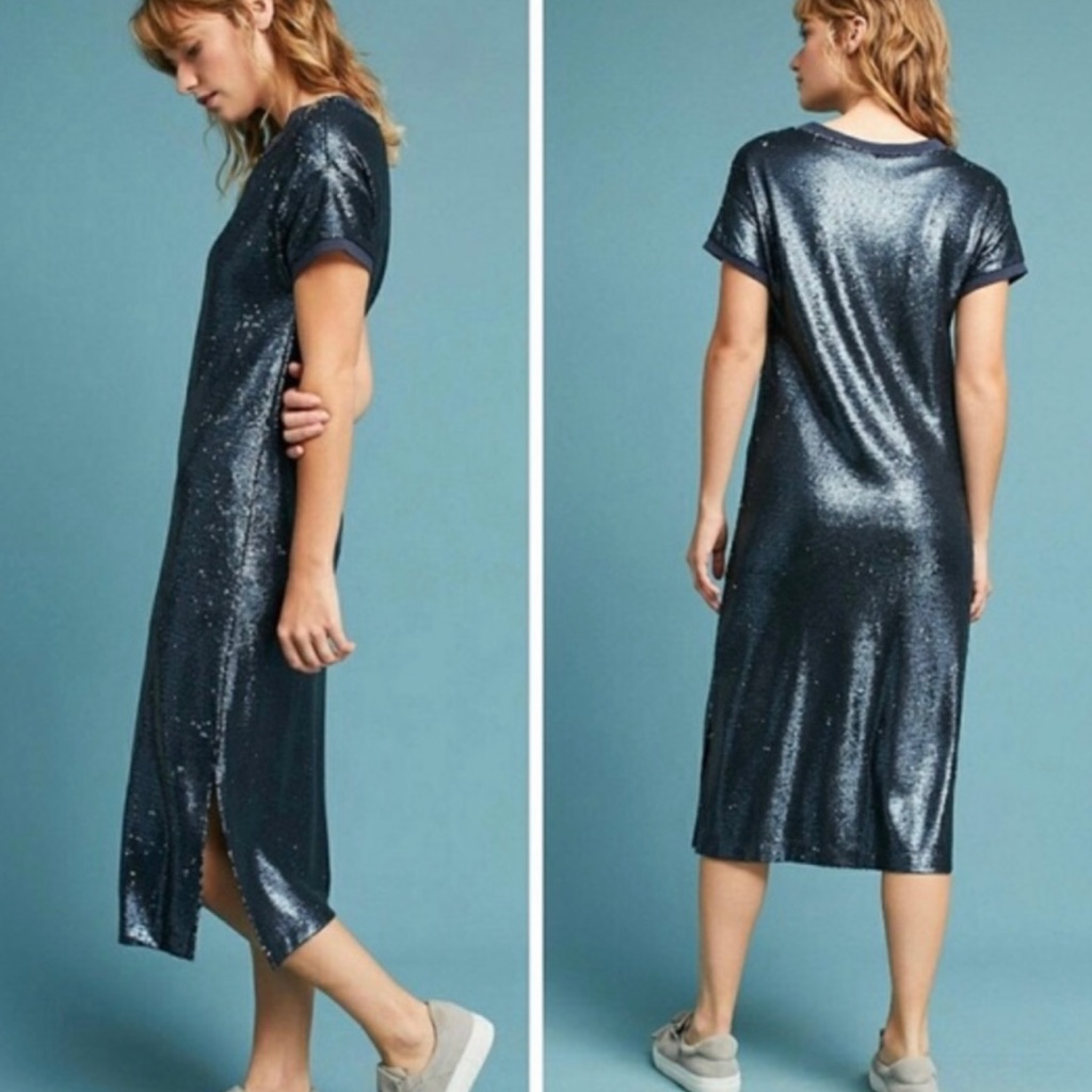 Moulinette Soeurs Antro Sequined Interstellar Navy Jewel Tone Tunic Shirt Dress